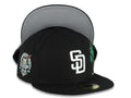 San Diego Padres New Era MLB 59FIFTY 5950 Fitted Cap Hat Black Crown/Visor White Logo With Palm 40th Anniversary Side Patch