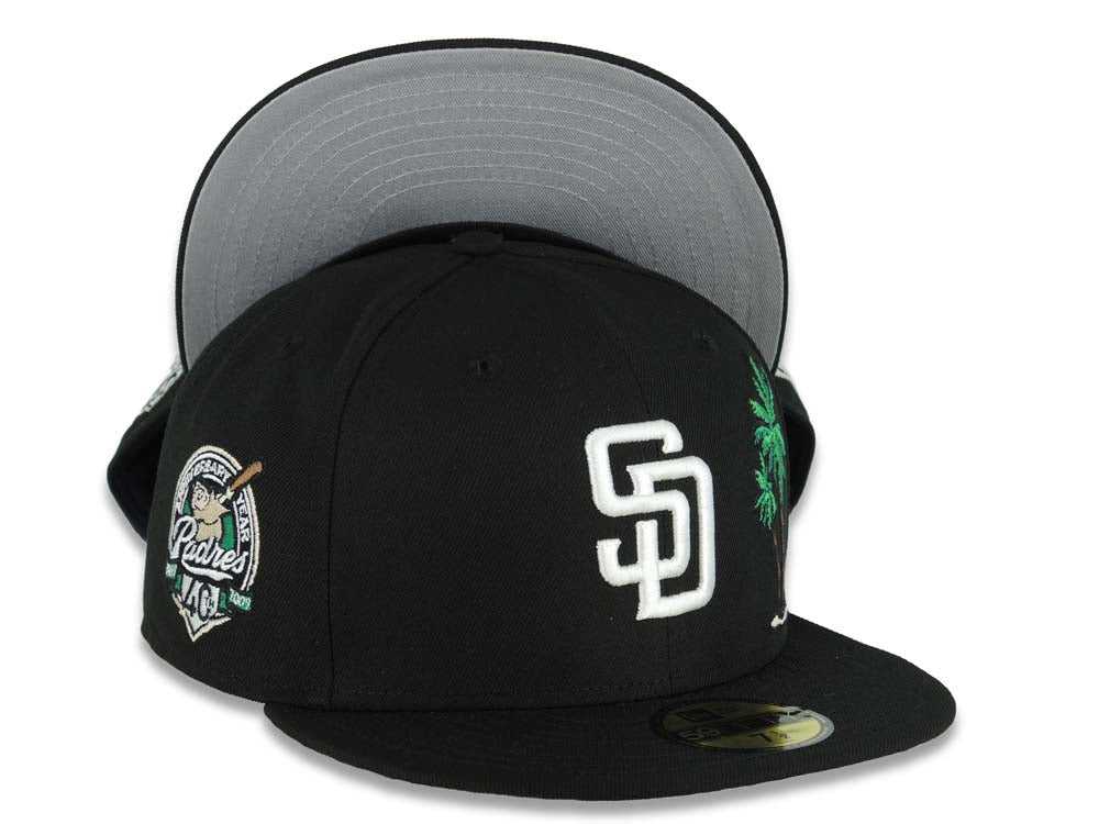 San Diego Padres New Era MLB 59FIFTY 5950 Fitted Cap Hat Black Crown/Visor White Logo With Palm 40th Anniversary Side Patch