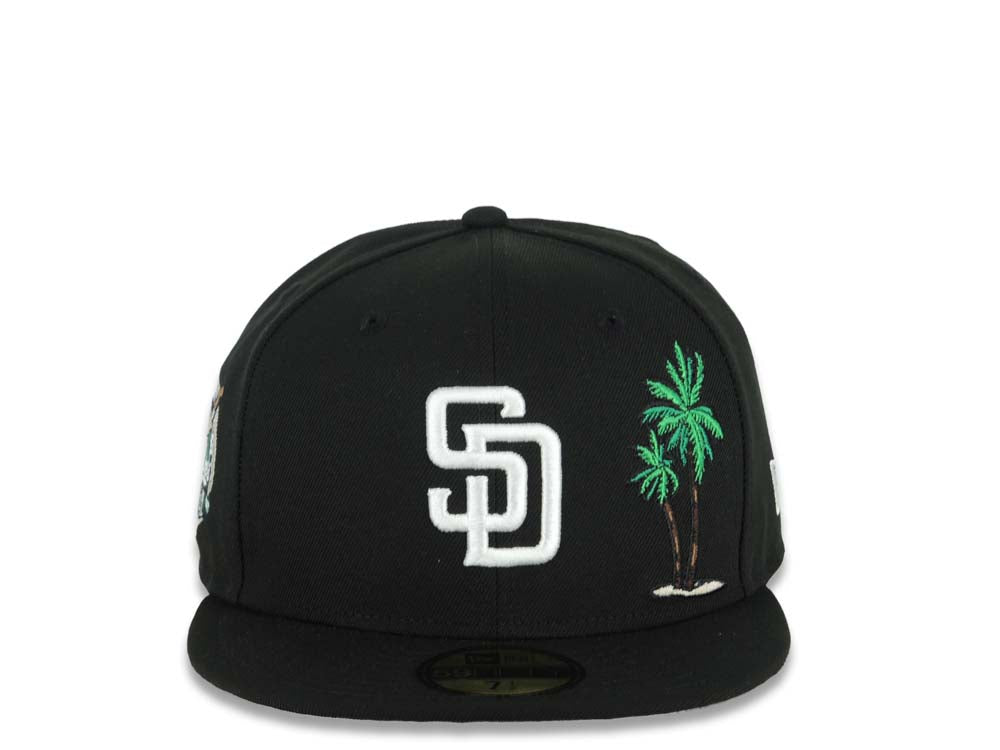 San Diego Padres New Era MLB 59FIFTY 5950 Fitted Cap Hat Black Crown/Visor White Logo With Palm 40th Anniversary Side Patch