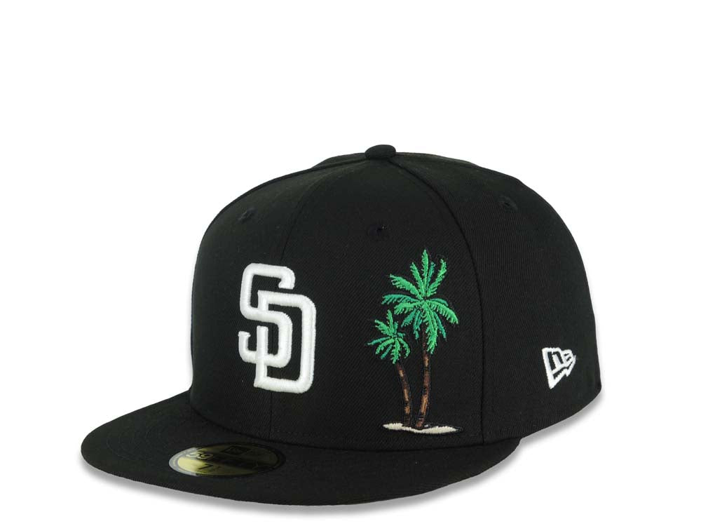 San Diego Padres New Era MLB 59FIFTY 5950 Fitted Cap Hat Black Crown/Visor White Logo With Palm 40th Anniversary Side Patch