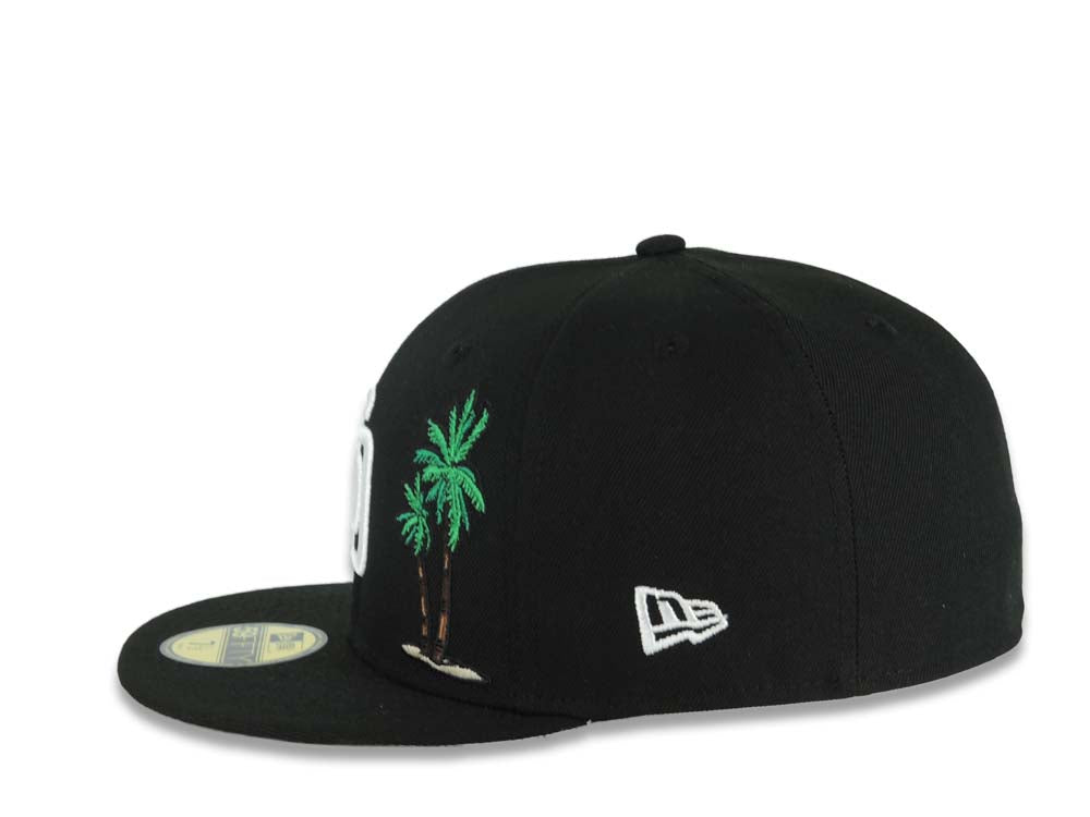 San Diego Padres New Era MLB 59FIFTY 5950 Fitted Cap Hat Black Crown/Visor White Logo With Palm 40th Anniversary Side Patch