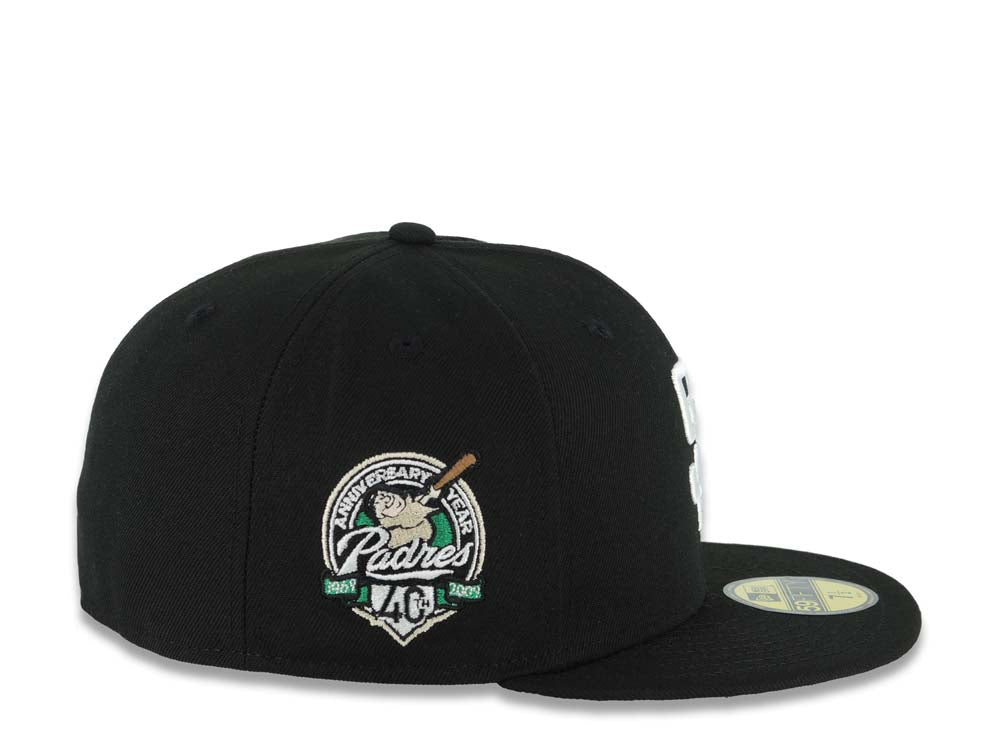 San Diego Padres New Era MLB 59FIFTY 5950 Fitted Cap Hat Black Crown/Visor White Logo With Palm 40th Anniversary Side Patch
