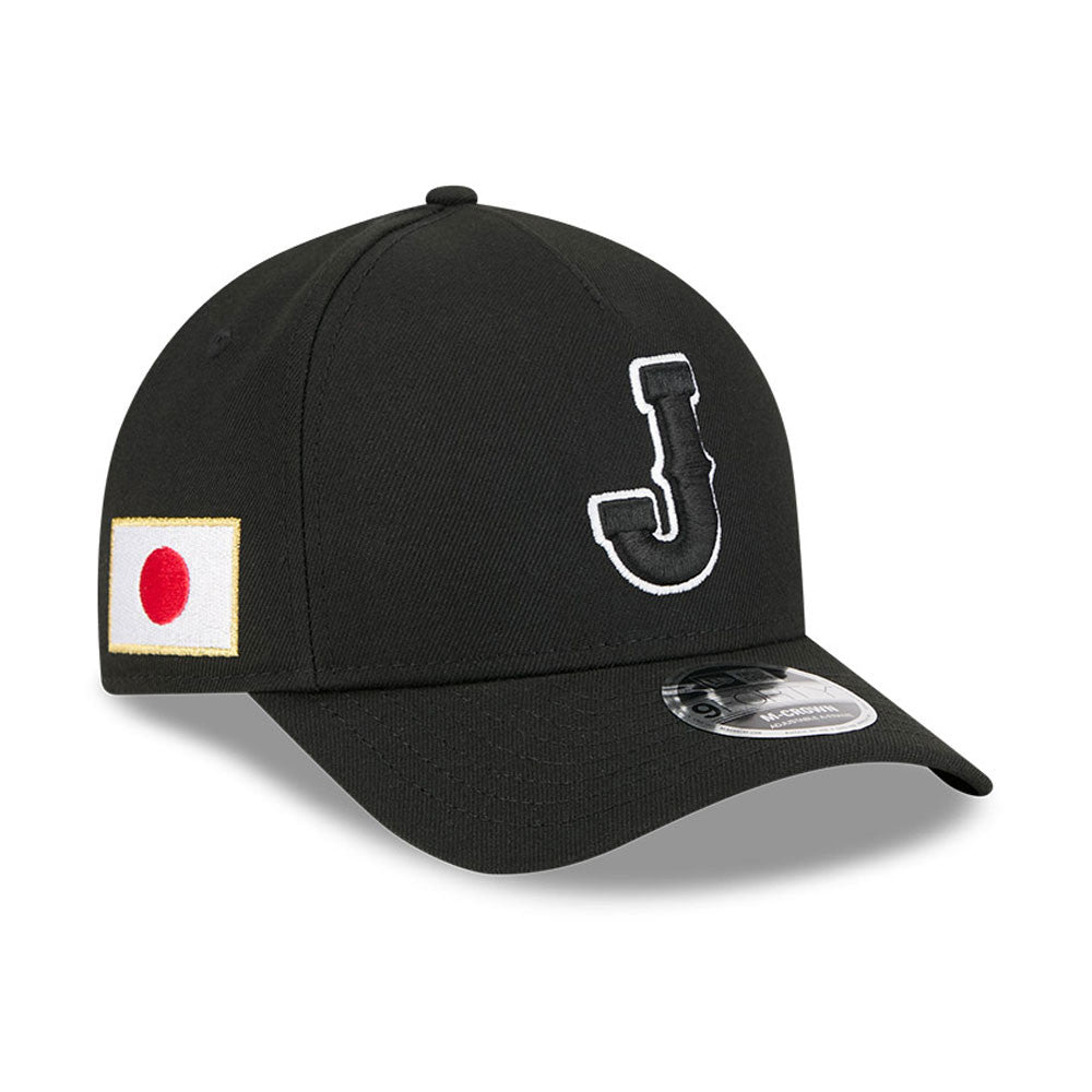 Japan New Era WBC World Baseball Classic 9FORTY 940 Adjustable A-Frame M-Crown Cap Hat Black Crown/Visor Black/White J Logo Japan Flag Side Patch
