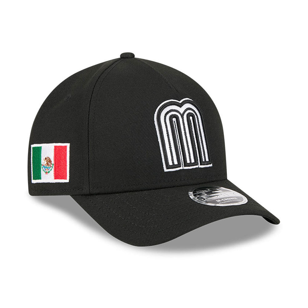 Mexico New Era WBC World Baseball Classic 9FORTY 940 Adjustable A-Frame M-Crown Cap Hat Black Crown/Visor Black/White Logo Mexico Flag Side Patch