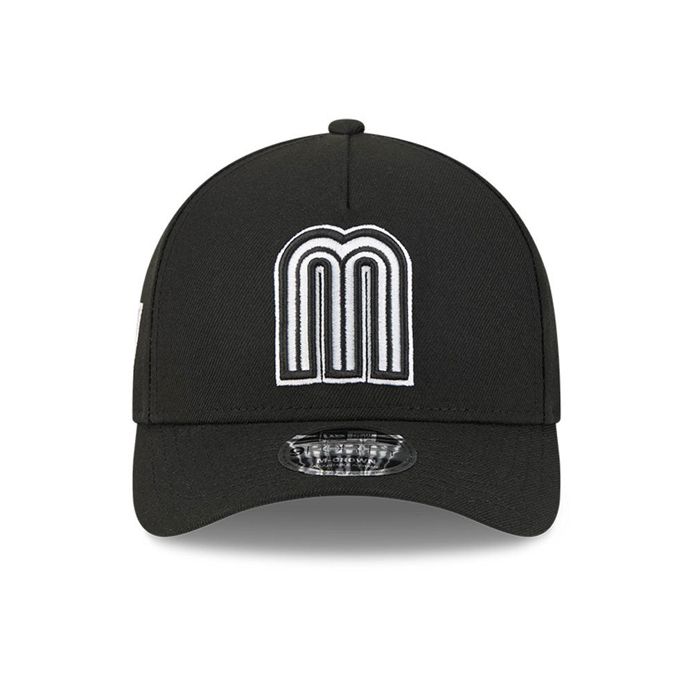 Mexico New Era WBC World Baseball Classic 9FORTY 940 Adjustable A-Frame M-Crown Cap Hat Black Crown/Visor Black/White Logo Mexico Flag Side Patch