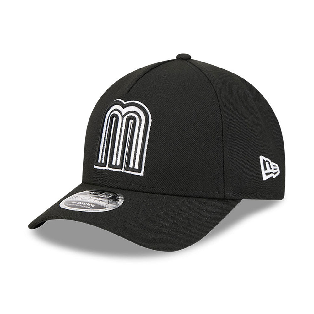 Mexico New Era WBC World Baseball Classic 9FORTY 940 Adjustable A-Frame M-Crown Cap Hat Black Crown/Visor Black/White Logo Mexico Flag Side Patch