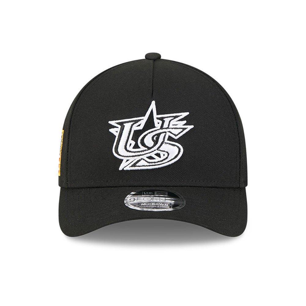USA New Era WBC World Baseball Classic 9FORTY 940 Adjustable A-Frame M-Crown Cap Hat Black Crown/Visor Black/White Logo USA Flag Side Patch