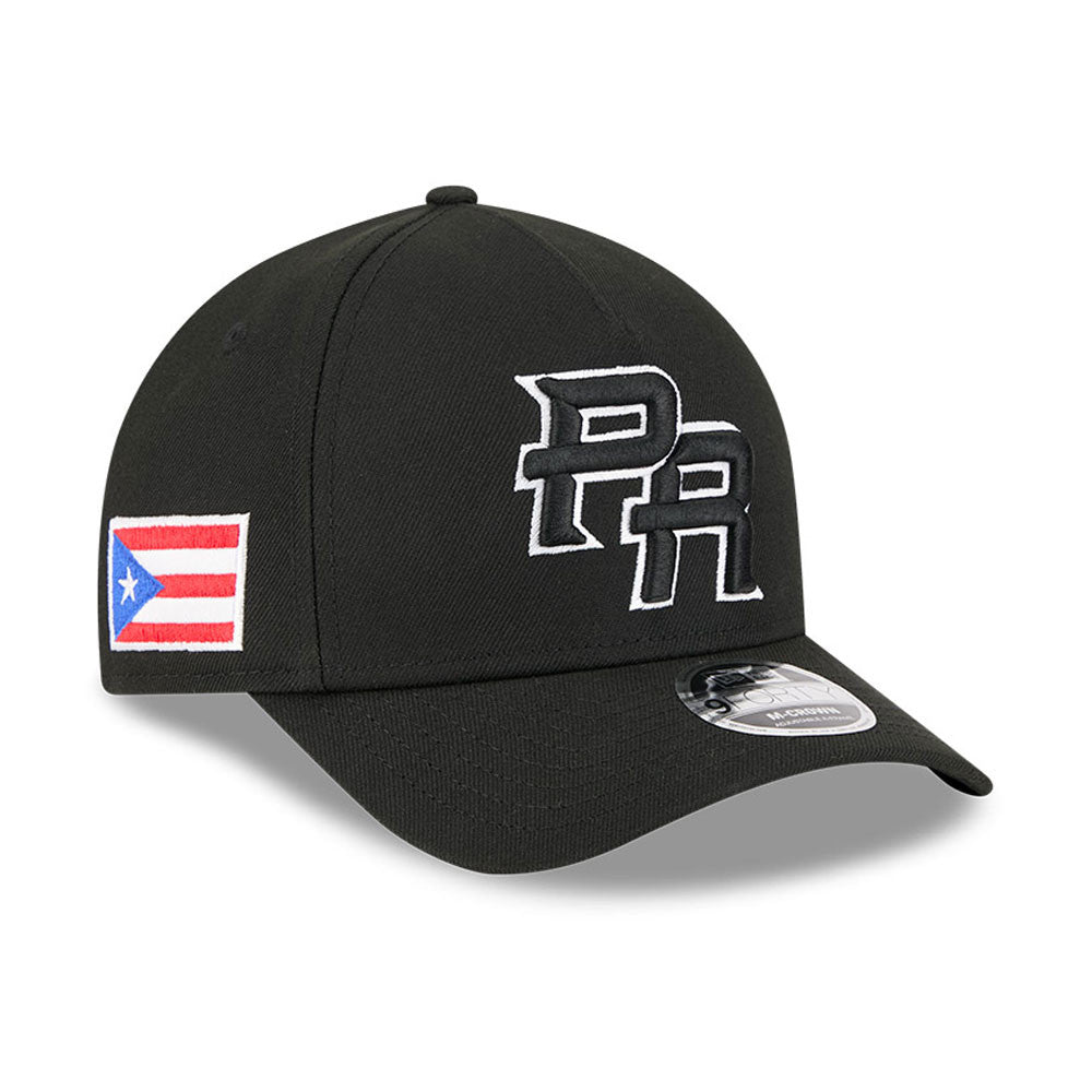 Puerto Rico New Era WBC World Baseball Classic 9FORTY 940 Adjustable A-Frame M-Crown Cap Hat Black Crown/Visor Black/White Logo Puerto Rico Flag Side Patch