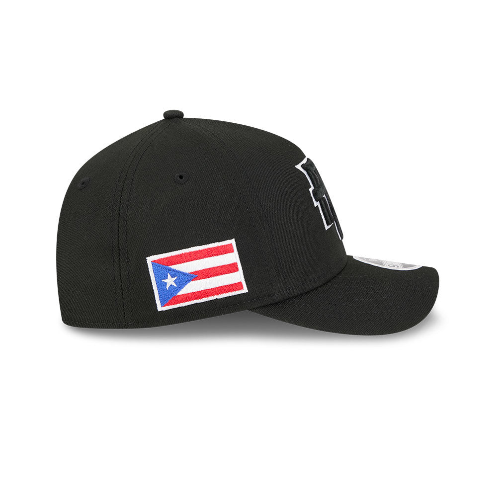Puerto Rico New Era WBC World Baseball Classic 9FORTY 940 Adjustable A-Frame M-Crown Cap Hat Black Crown/Visor Black/White Logo Puerto Rico Flag Side Patch
