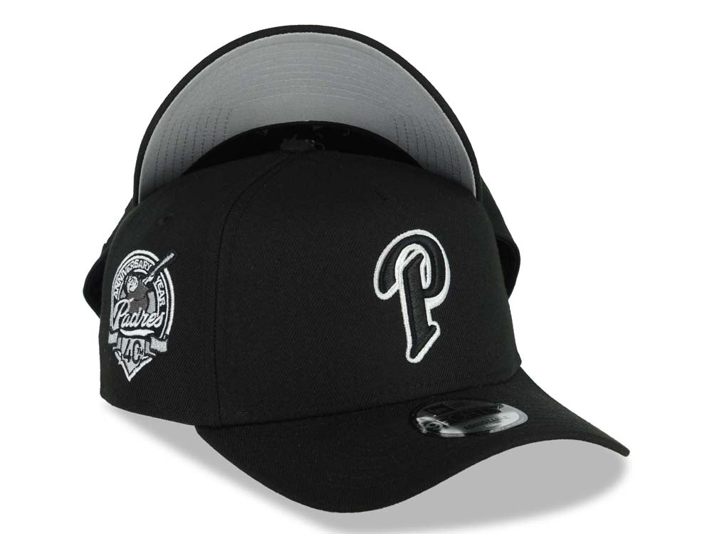 San Diego Padres New Era MLB 9FORTY 940 Adjustable A-Frame Cap Hat Black Crown/Visor Black/White P Logo 40th Anniversary Side Patch Gray UV