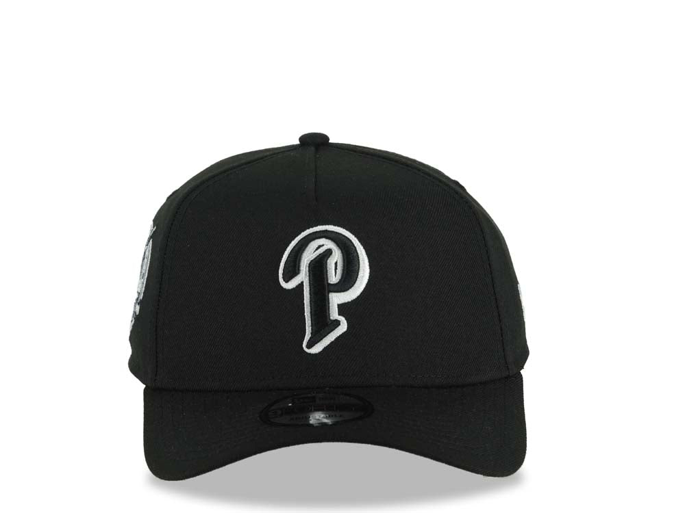 San Diego Padres New Era MLB 9FORTY 940 Adjustable A-Frame Cap Hat Black Crown/Visor Black/White P Logo 40th Anniversary Side Patch Gray UV