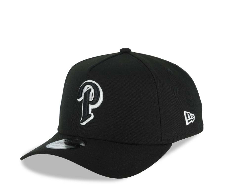 San Diego Padres New Era MLB 9FORTY 940 Adjustable A-Frame Cap Hat Black Crown/Visor Black/White P Logo 40th Anniversary Side Patch Gray UV