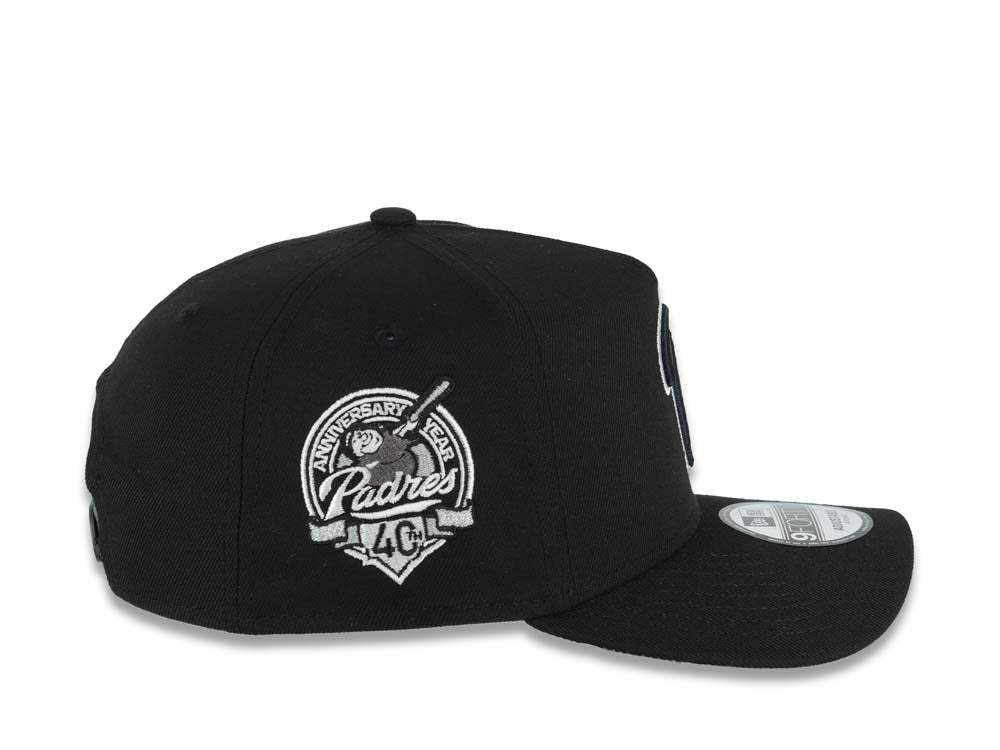 San Diego Padres New Era MLB 9FORTY 940 Adjustable A-Frame Cap Hat Black Crown/Visor Black/White P Logo 40th Anniversary Side Patch Gray UV
