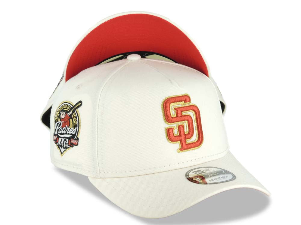 San Diego Padres New Era MLB 9FORTY 940 Adjustable A-Frame Cap Hat Cream Crown/Visor Red/Metallic Gold Logo 40th Anniversary Side Patch Red UV