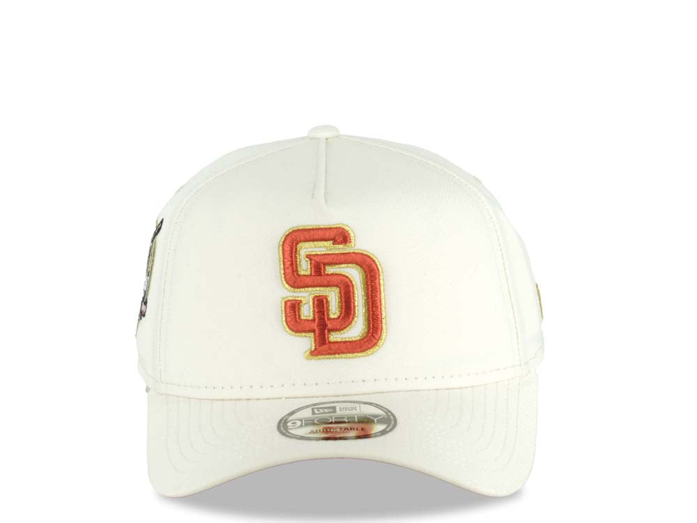 San Diego Padres New Era MLB 9FORTY 940 Adjustable A-Frame Cap Hat Cream Crown/Visor Red/Metallic Gold Logo 40th Anniversary Side Patch Red UV
