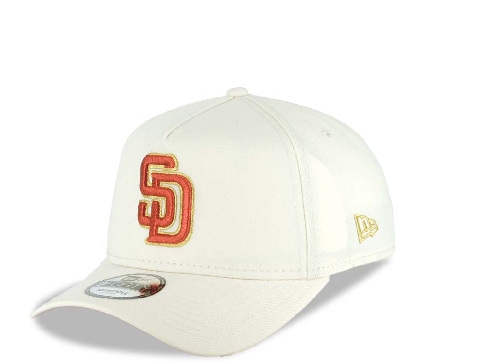 San Diego Padres New Era MLB 9FORTY 940 Adjustable A-Frame Cap Hat Cream Crown/Visor Red/Metallic Gold Logo 40th Anniversary Side Patch Red UV