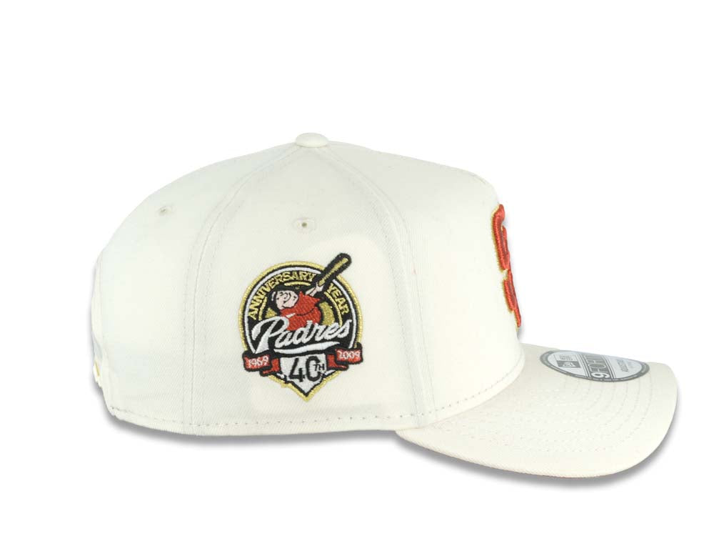 San Diego Padres New Era MLB 9FORTY 940 Adjustable A-Frame Cap Hat Cream Crown/Visor Red/Metallic Gold Logo 40th Anniversary Side Patch Red UV