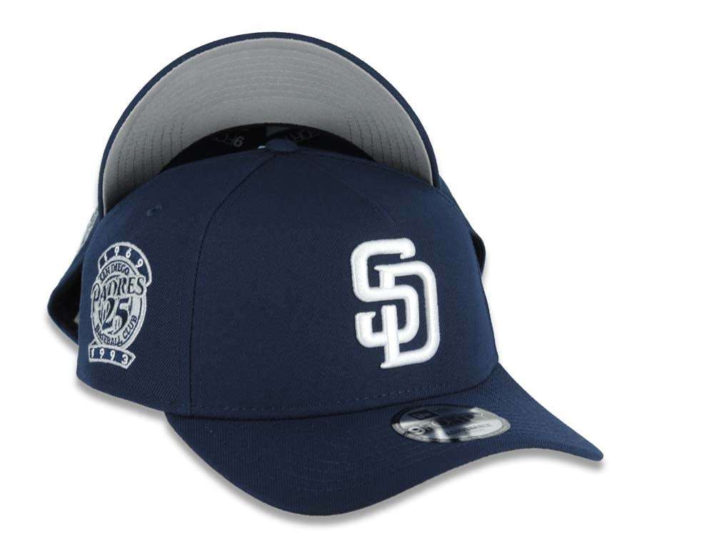 San Diego Padres New Era MLB 9FORTY 940 Adjustable A-Frame Cap Hat Navy Blue Crown/Visor White Logo 25th Anniversary Side Patch Gray UV