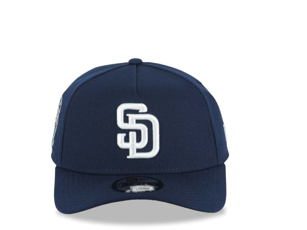 San Diego Padres New Era MLB 9FORTY 940 Adjustable A-Frame Cap Hat Navy Blue Crown/Visor White Logo 25th Anniversary Side Patch Gray UV