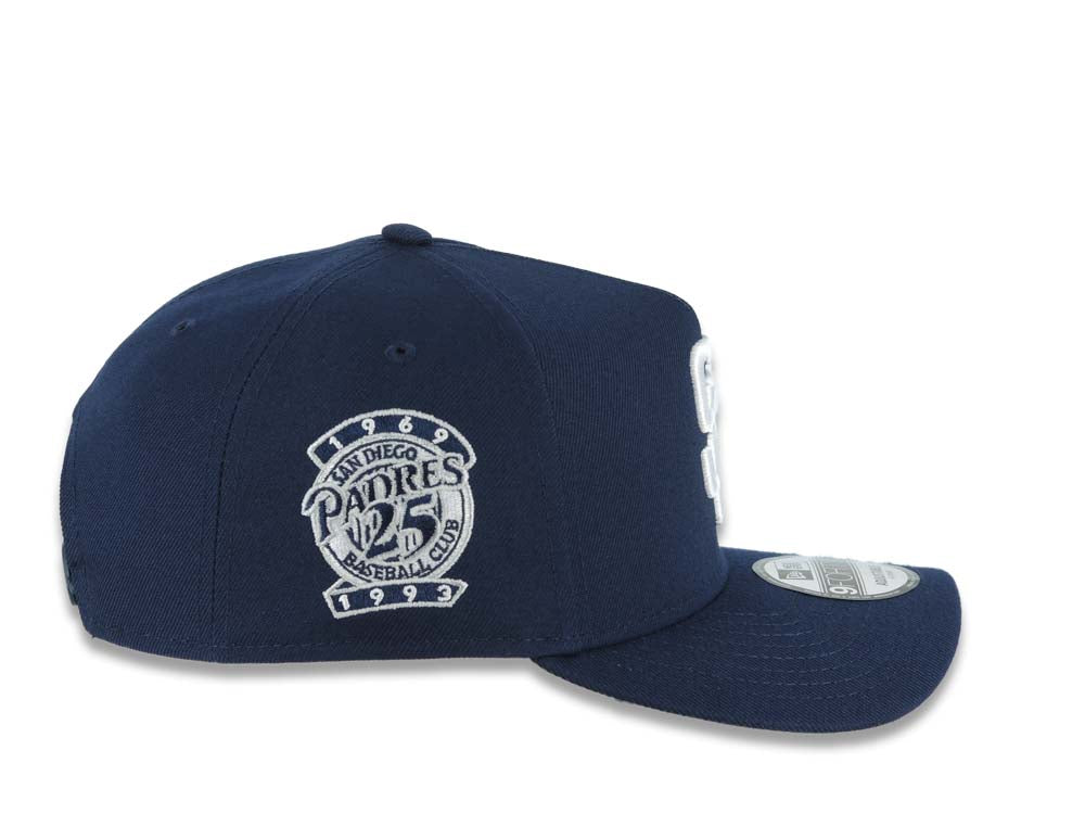 San Diego Padres New Era MLB 9FORTY 940 Adjustable A-Frame Cap Hat Navy Blue Crown/Visor White Logo 25th Anniversary Side Patch Gray UV