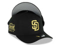 San Diego Padres New Era MLB 9FORTY 940 Adjustable A-Frame Cap Hat Black Crown/Visor Metallic Gold Logo Petcopark Stadium Side Patch Gray UV