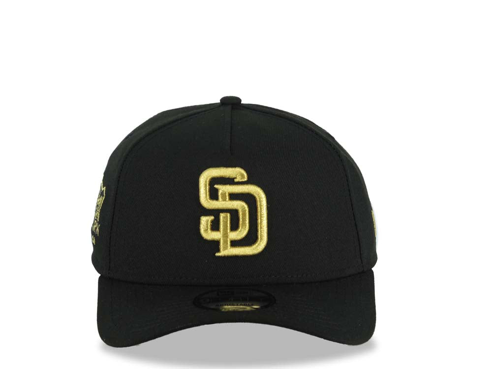 San Diego Padres New Era MLB 9FORTY 940 Adjustable A-Frame Cap Hat Black Crown/Visor Metallic Gold Logo Petcopark Stadium Side Patch Gray UV