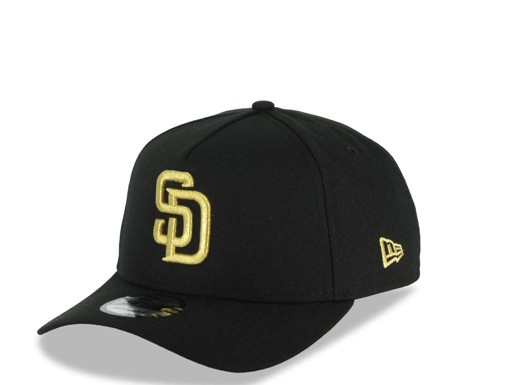 San Diego Padres New Era MLB 9FORTY 940 Adjustable A-Frame Cap Hat Black Crown/Visor Metallic Gold Logo Petcopark Stadium Side Patch Gray UV