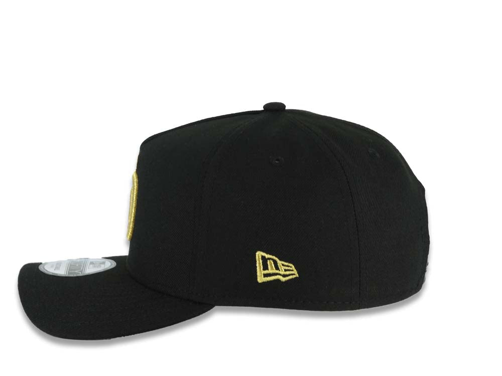 San Diego Padres New Era MLB 9FORTY 940 Adjustable A-Frame Cap Hat Black Crown/Visor Metallic Gold Logo Petcopark Stadium Side Patch Gray UV