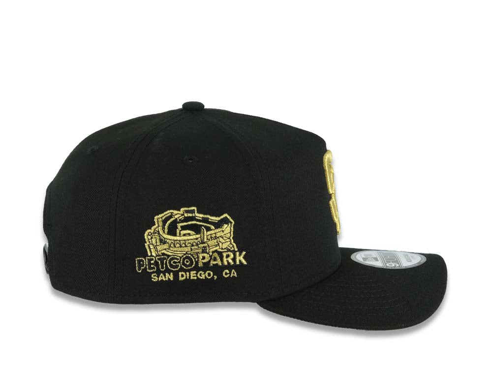 San Diego Padres New Era MLB 9FORTY 940 Adjustable A-Frame Cap Hat Black Crown/Visor Metallic Gold Logo Petcopark Stadium Side Patch Gray UV