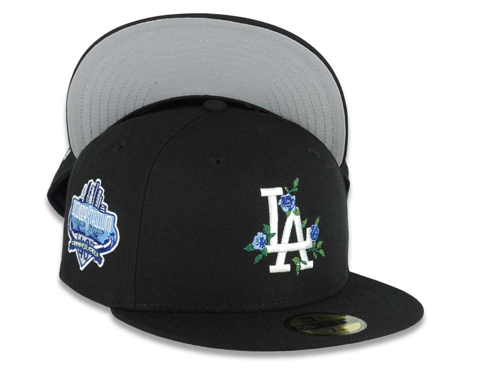 Los Angeles Dodgers New Era MLB 59FIFTY 5950 Fitted Cap Hat Black Crown/Visor White/Royal Blue Logo With Rose Stadium Side Patch