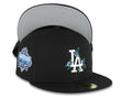 Los Angeles Dodgers New Era MLB 59FIFTY 5950 Fitted Cap Hat Black Crown/Visor White/Royal Blue Logo With Rose Stadium Side Patch