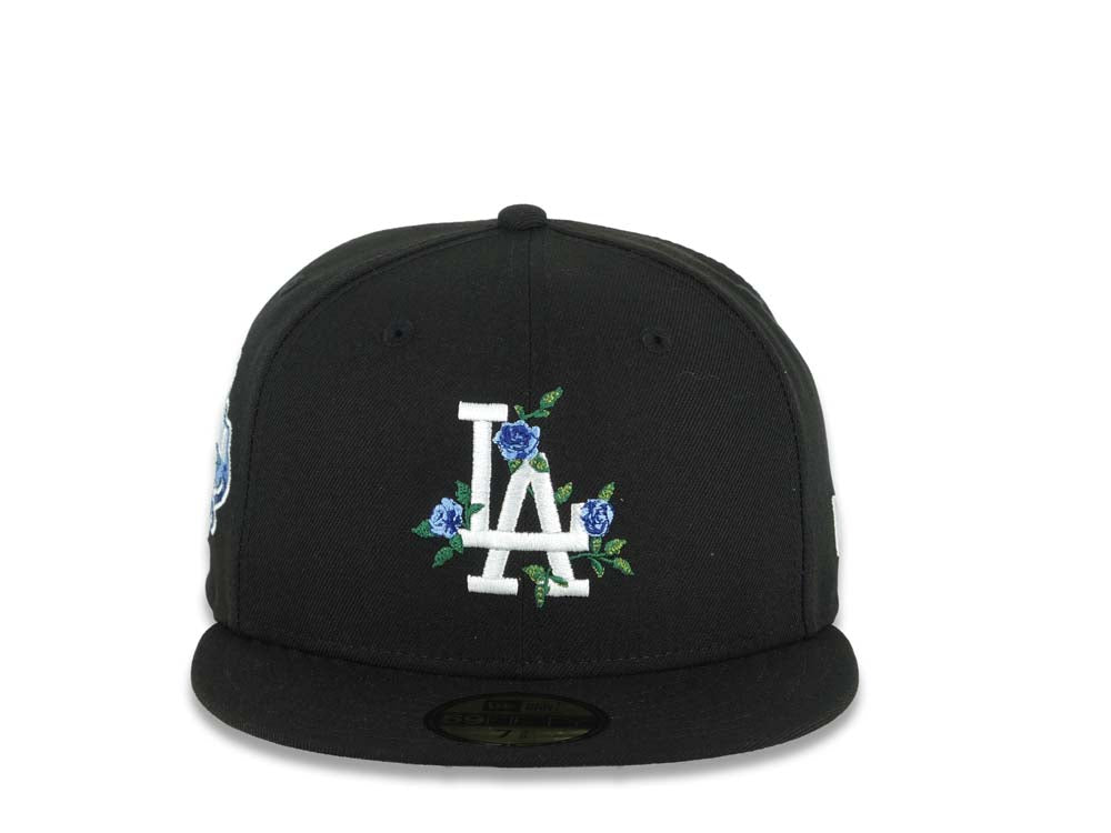 Los Angeles Dodgers New Era MLB 59FIFTY 5950 Fitted Cap Hat Black Crown/Visor White/Royal Blue Logo With Rose Stadium Side Patch