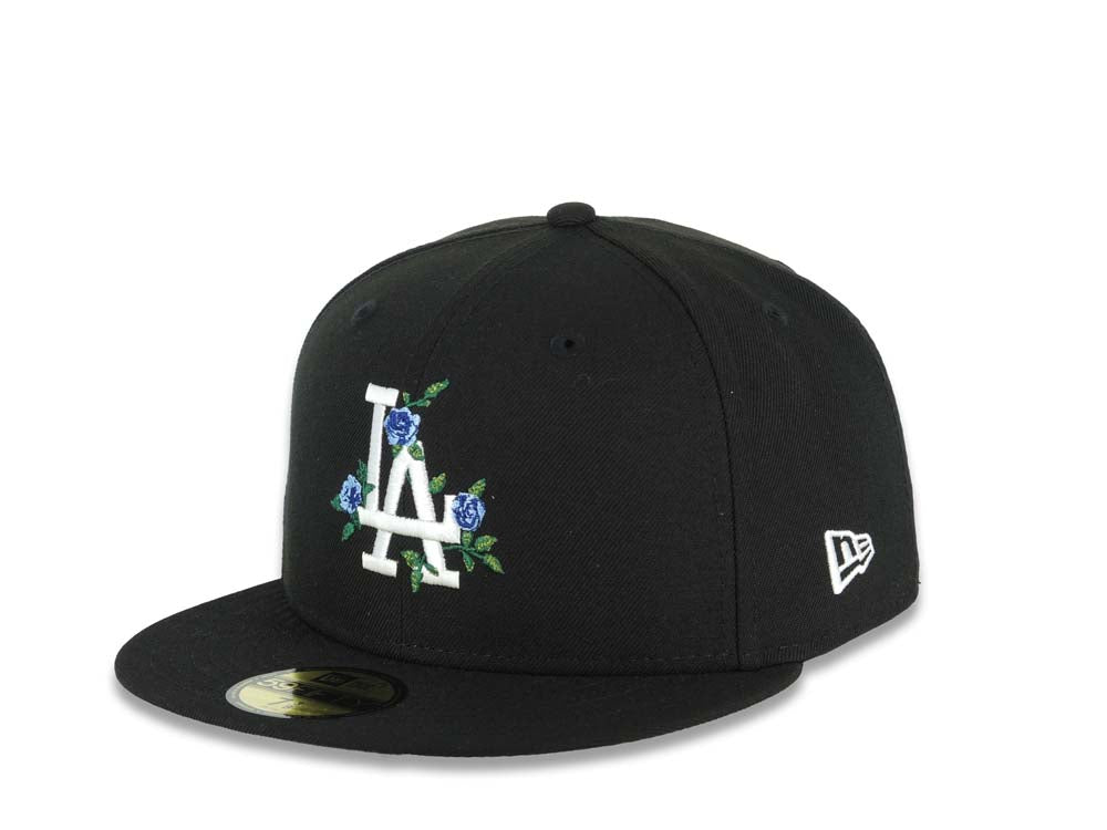 Los Angeles Dodgers New Era MLB 59FIFTY 5950 Fitted Cap Hat Black Crown/Visor White/Royal Blue Logo With Rose Stadium Side Patch