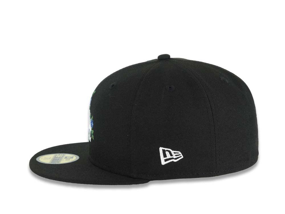 Los Angeles Dodgers New Era MLB 59FIFTY 5950 Fitted Cap Hat Black Crown/Visor White/Royal Blue Logo With Rose Stadium Side Patch
