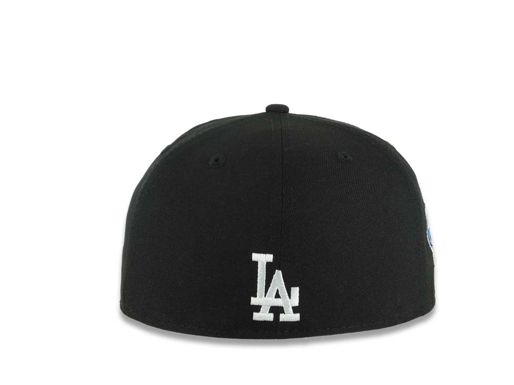 Los Angeles Dodgers New Era MLB 59FIFTY 5950 Fitted Cap Hat Black Crown/Visor White/Royal Blue Logo With Rose Stadium Side Patch