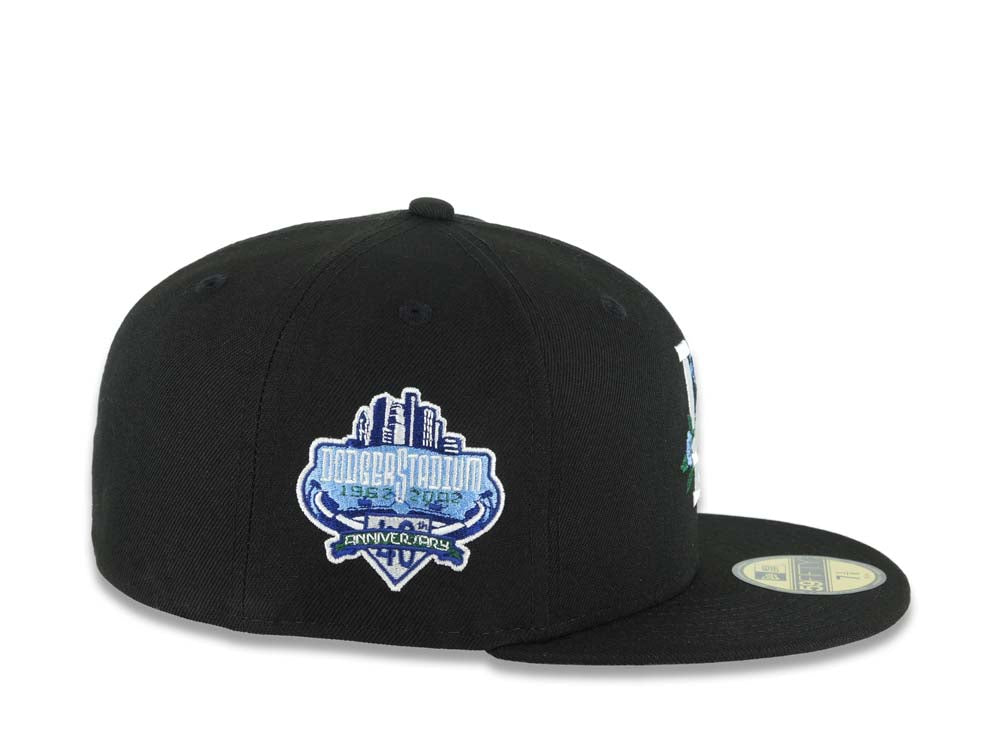 Los Angeles Dodgers New Era MLB 59FIFTY 5950 Fitted Cap Hat Black Crown/Visor White/Royal Blue Logo With Rose Stadium Side Patch