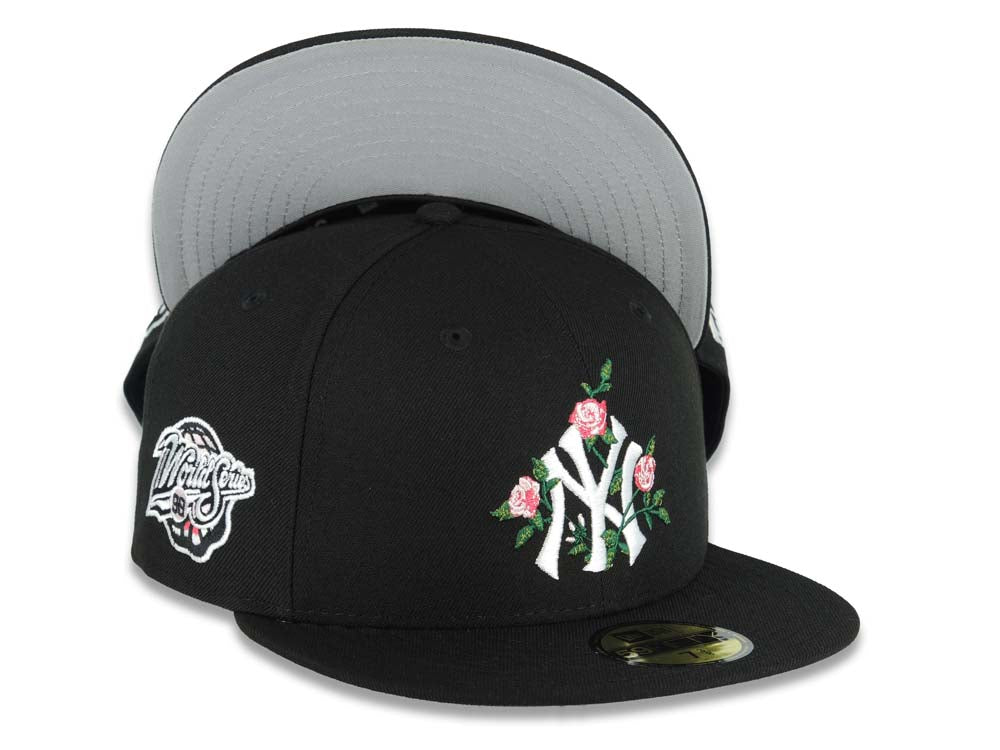 New York Yankees New Era MLB 59FIFTY 5950 Fitted Cap Hat Black Crown/Visor White/Pink Logo With Rose 1998 World Series Side Patch