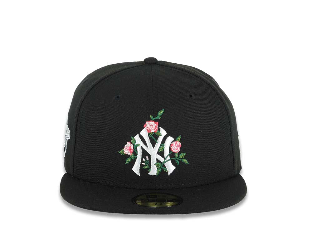 New York Yankees New Era MLB 59FIFTY 5950 Fitted Cap Hat Black Crown/Visor White/Pink Logo With Rose 1998 World Series Side Patch