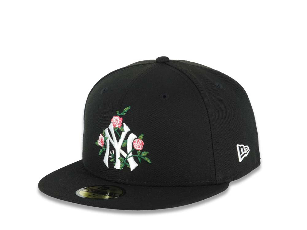 New York Yankees New Era MLB 59FIFTY 5950 Fitted Cap Hat Black Crown/Visor White/Pink Logo With Rose 1998 World Series Side Patch
