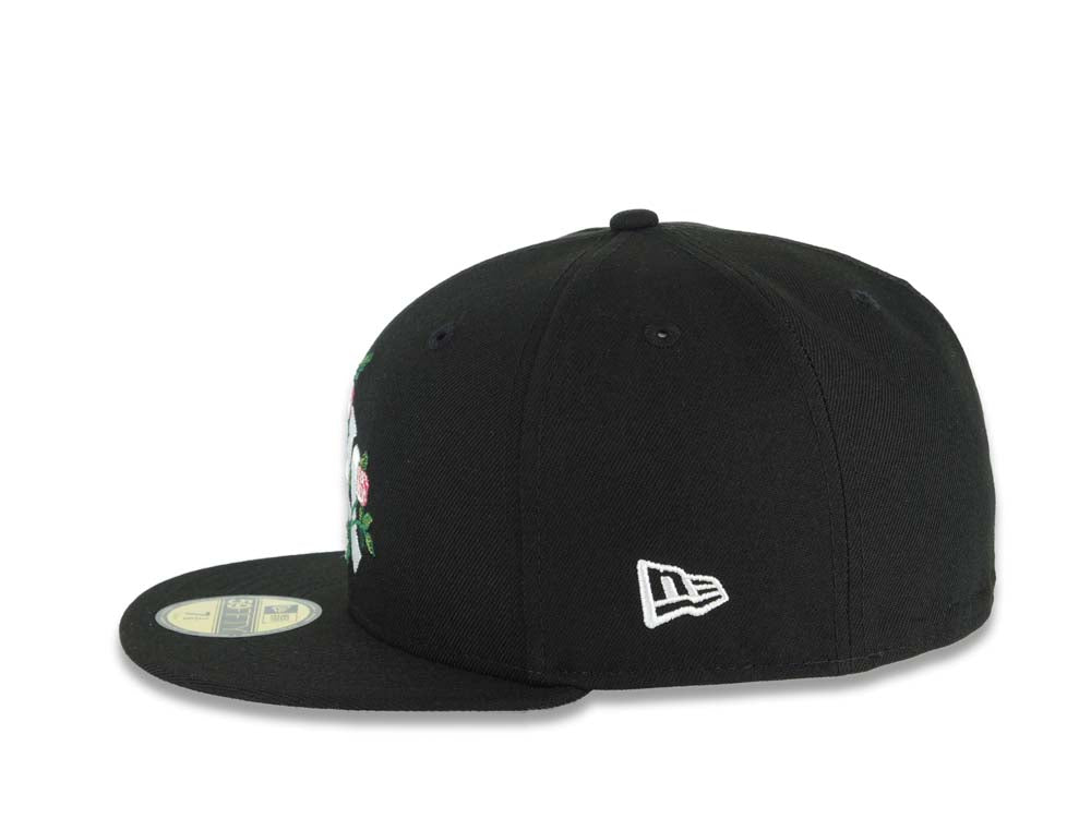 New York Yankees New Era MLB 59FIFTY 5950 Fitted Cap Hat Black Crown/Visor White/Pink Logo With Rose 1998 World Series Side Patch