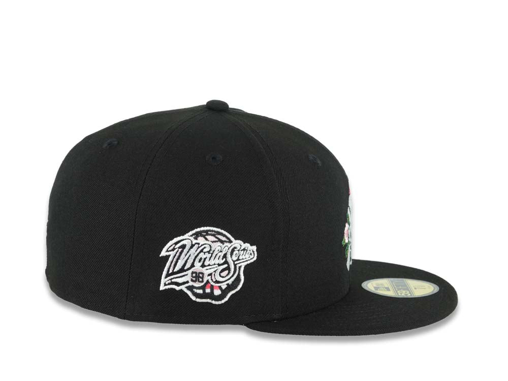 New York Yankees New Era MLB 59FIFTY 5950 Fitted Cap Hat Black Crown/Visor White/Pink Logo With Rose 1998 World Series Side Patch