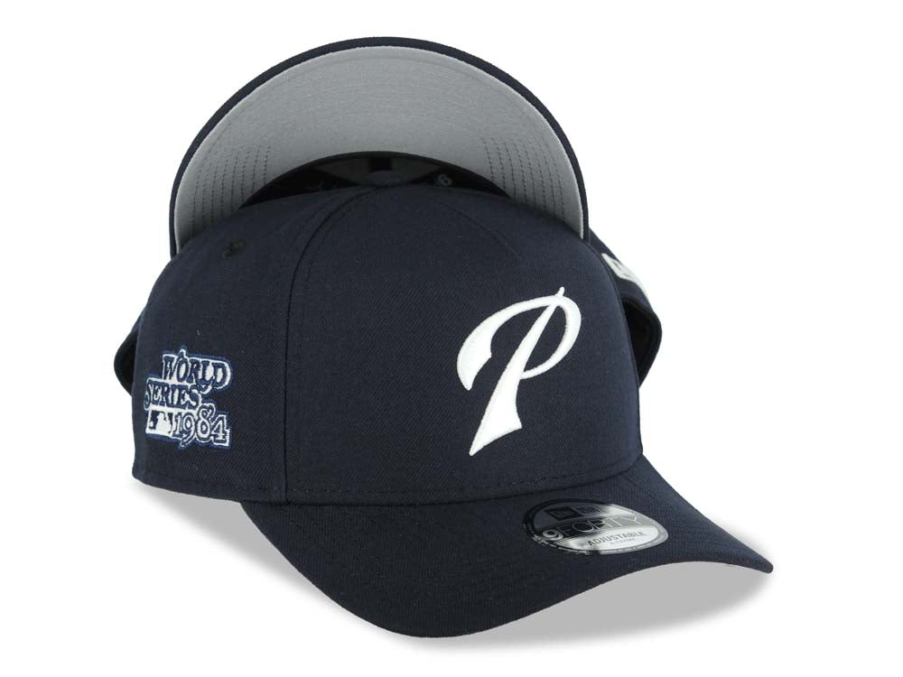 San Diego Padres New Era MLB 9FORTY 940 Adjustable A-Frame Cap Hat Navy Blue Crown/Visor Glow White Script P Logo 1984 World Series Side Patch