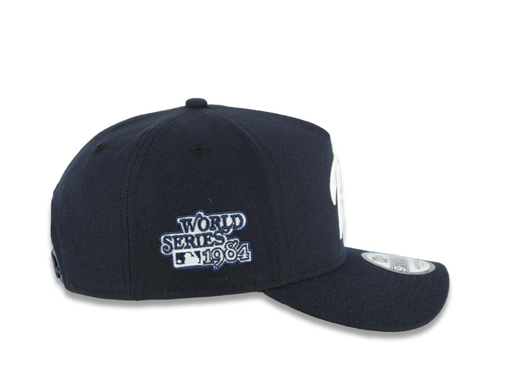 San Diego Padres New Era MLB 9FORTY 940 Adjustable A-Frame Cap Hat Navy Blue Crown/Visor Glow White Script P Logo 1984 World Series Side Patch