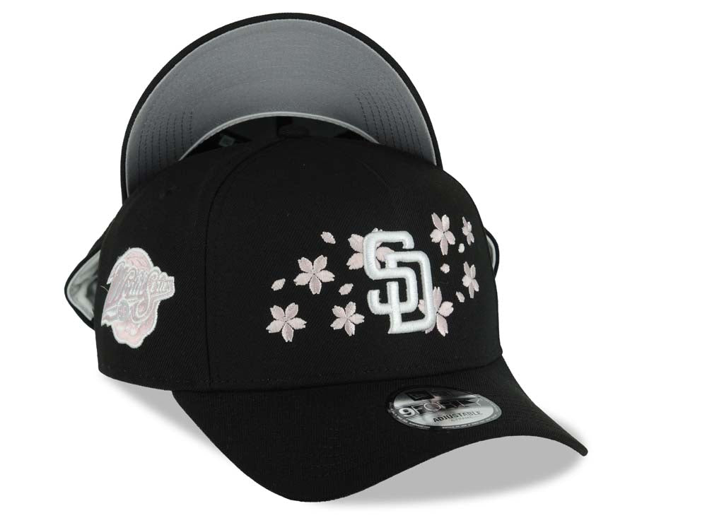 San Diego Padres New Era MLB 9FORTY 940 Adjustable A-Frame Cap Hat Black Crown/Visor White Logo With Pink Rose 1998 World Series Side Patch