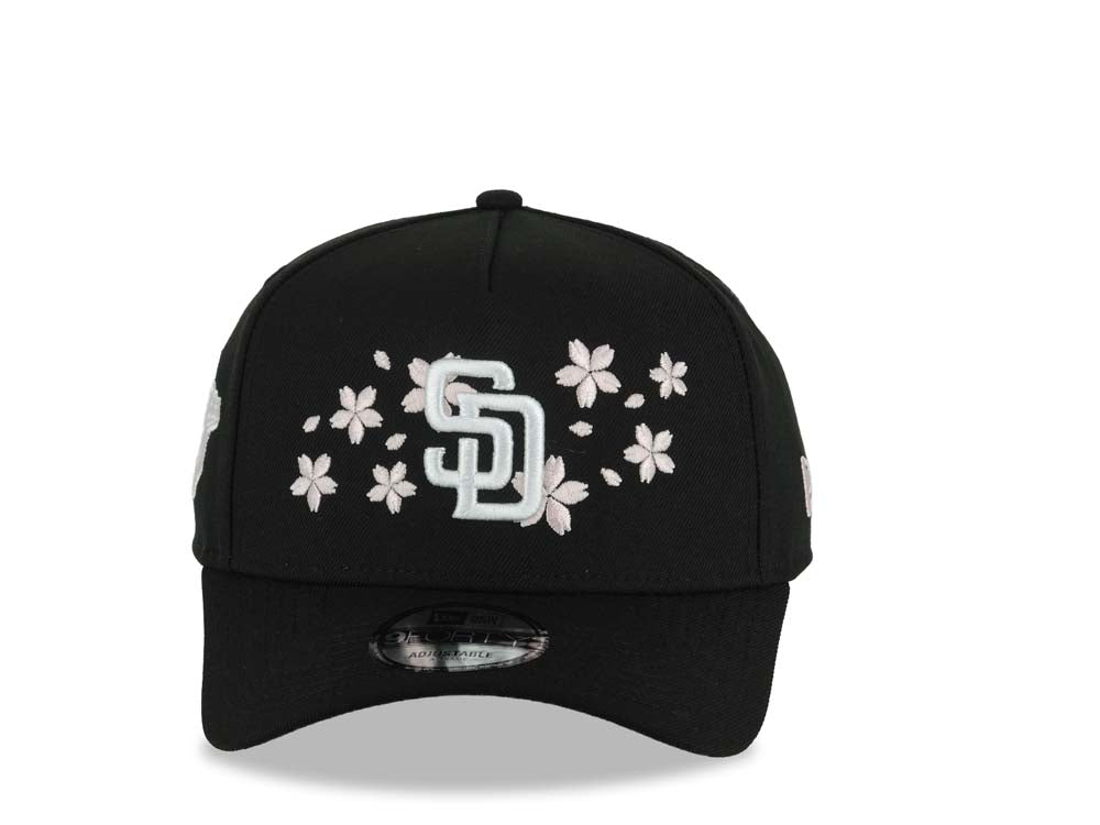 San Diego Padres New Era MLB 9FORTY 940 Adjustable A-Frame Cap Hat Black Crown/Visor White Logo With Pink Rose 1998 World Series Side Patch