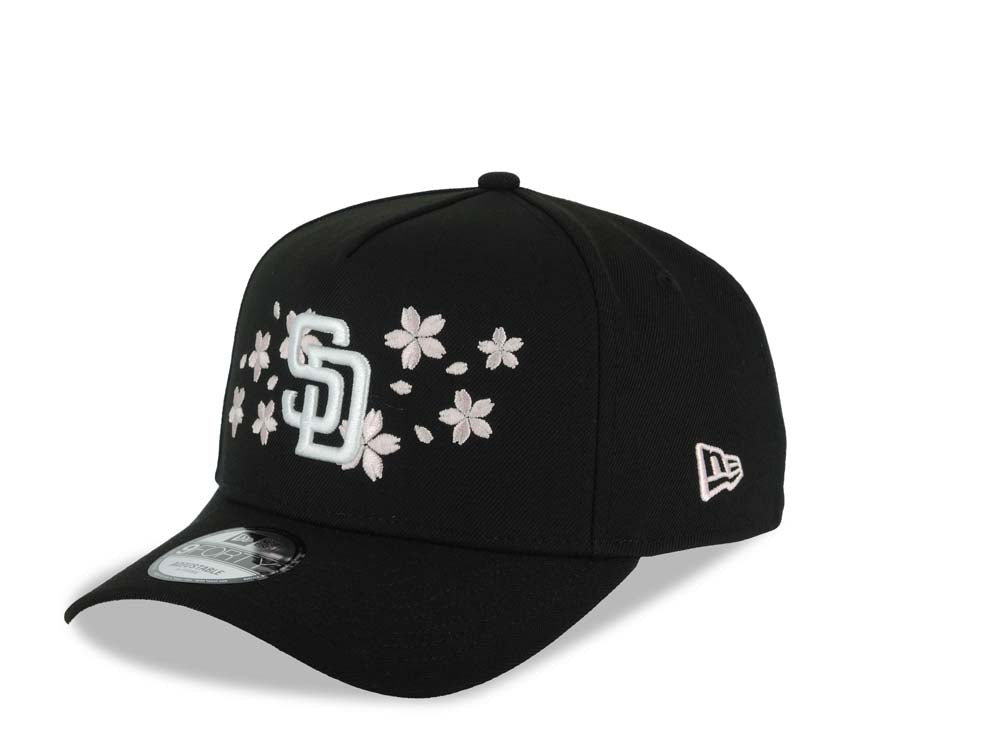 San Diego Padres New Era MLB 9FORTY 940 Adjustable A-Frame Cap Hat Black Crown/Visor White Logo With Pink Rose 1998 World Series Side Patch