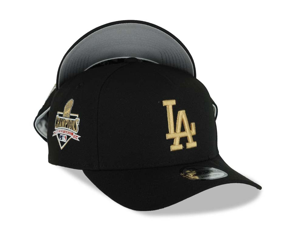 Los Angeles Dodgers New Era MLB 9FORTY 940 Adjustable A-Frame Cap Hat Black Crown/Visor Metallic Gold Logo 2025 World Series Champions Gray UV