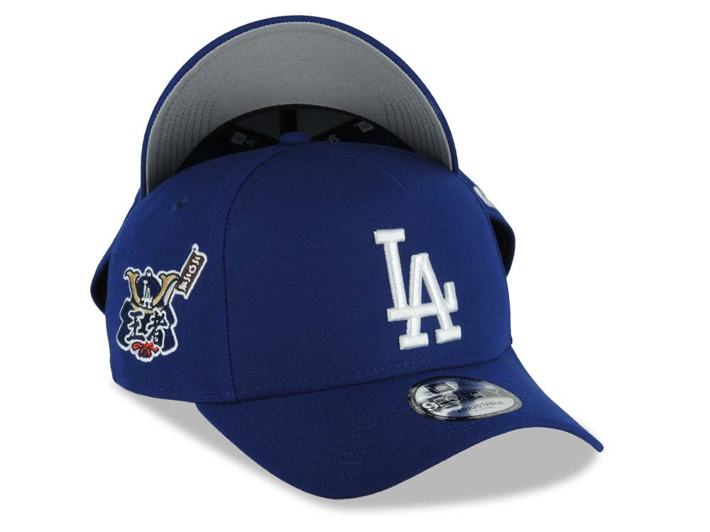Los Angeles Dodgers New Era MLB 9FORTY 940 Adjustable A-Frame Cap Hat Royal Blue Crown/Visor White Logo Japan World Series Champions Side Patch Gray UV