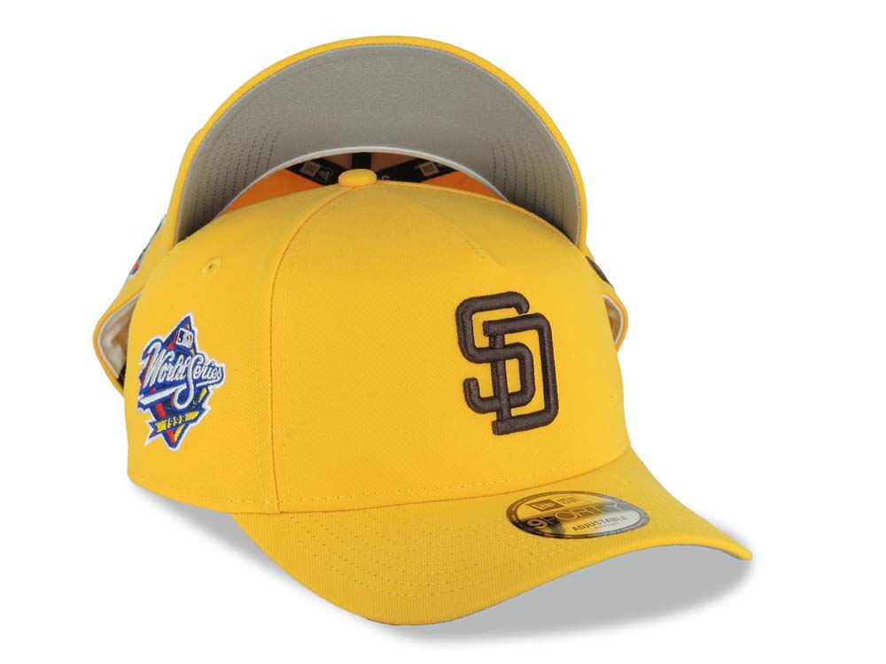 San Diego Padres New Era MLB 9FORTY 940 Adjustable A-Frame Cap Hat Yellow Crown/Visor Dark Brown Logo 1998 World Series Side Patch