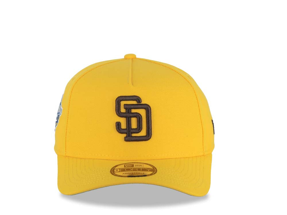 San Diego Padres New Era MLB 9FORTY 940 Adjustable A-Frame Cap Hat Yellow Crown/Visor Dark Brown Logo 1998 World Series Side Patch